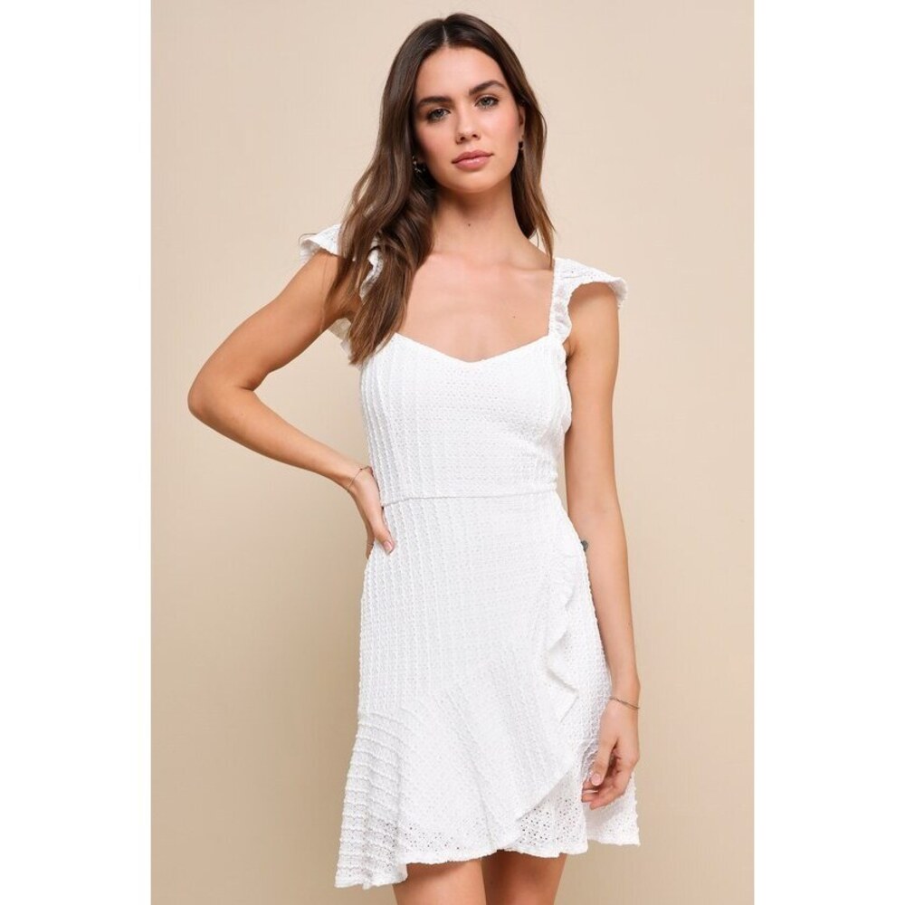 Lulus Darling Sweetness White Textured Faux-wrap Mini Dress - Size L